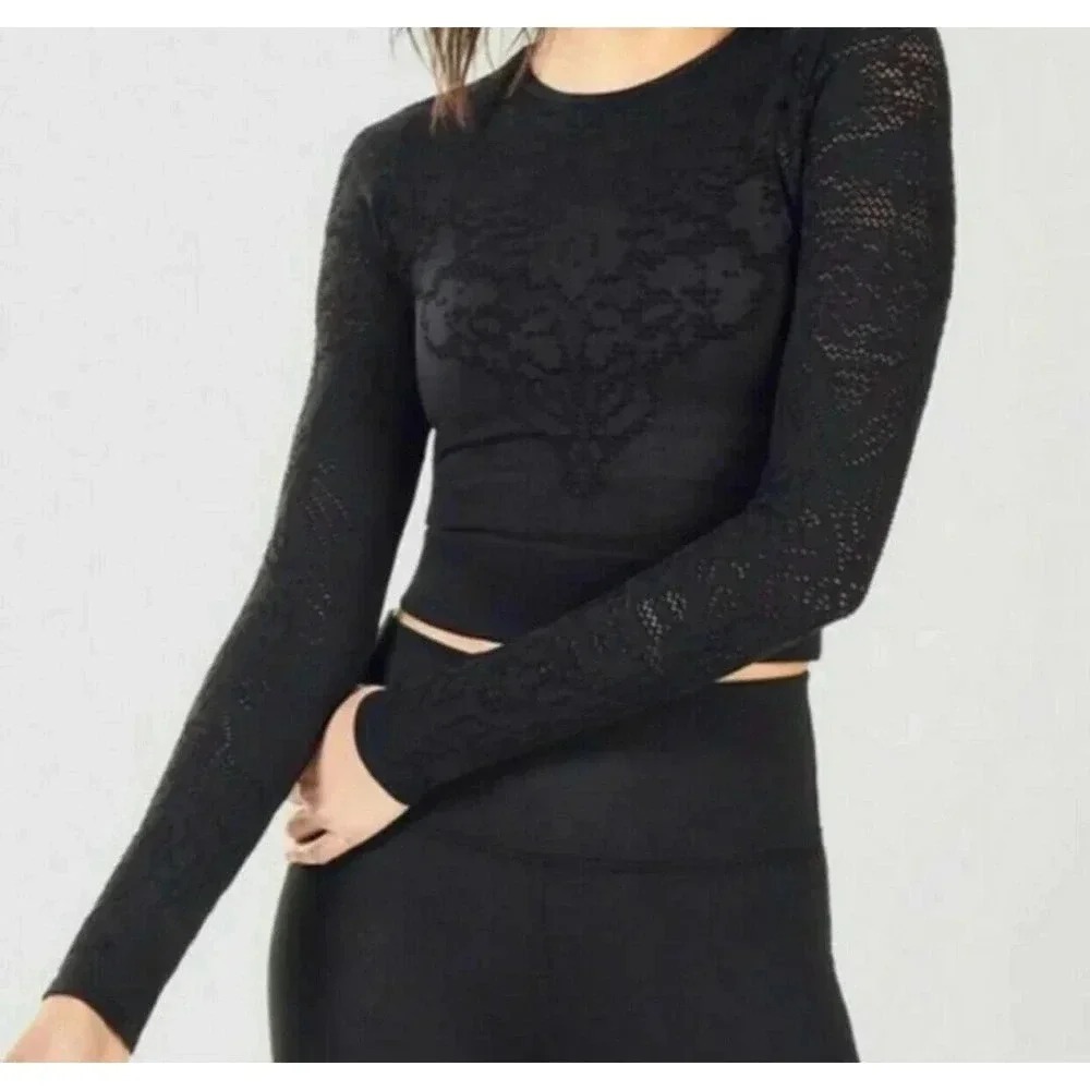 Fabletics Flora Seamless Top Womens Medium Black New Flora Jacquard Long Sleeve